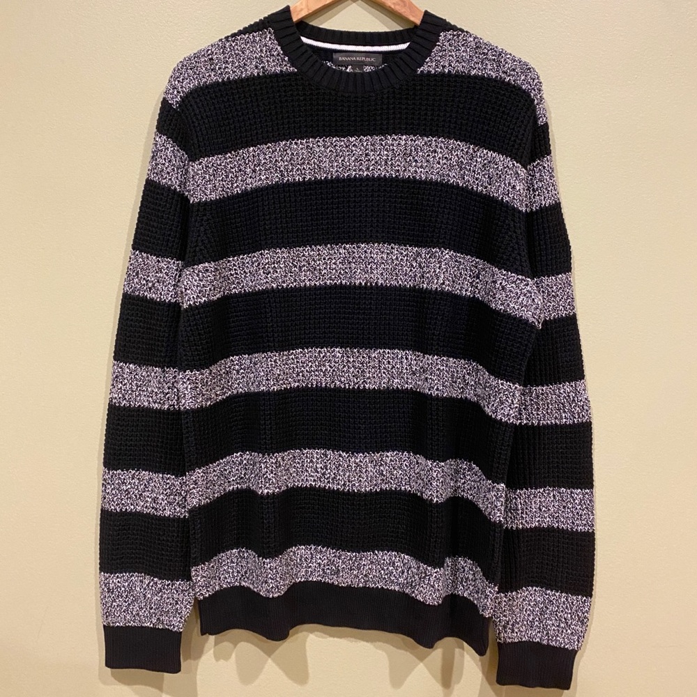 Banana Republic Men’s L Cotton Knit Crewneck Stripped Sweater Black Grey